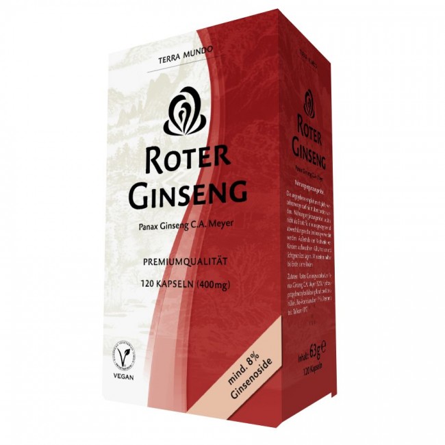 TERRA MUNDO Порошок корня красного женьшеня Panax Ginseng C.A. Meyer с 8% гинзенозидов, 120 капсул