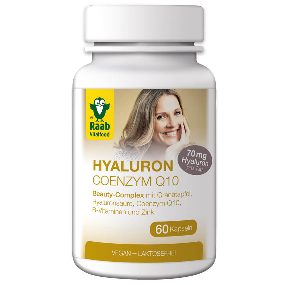 Raab "Hyaluron - Coenzym Q10" - биологически-активная добавка с витаминами группы В, витамином С, гиалуроновой кислотой, коэнзимом Q10 и цинком, 60 капсул.