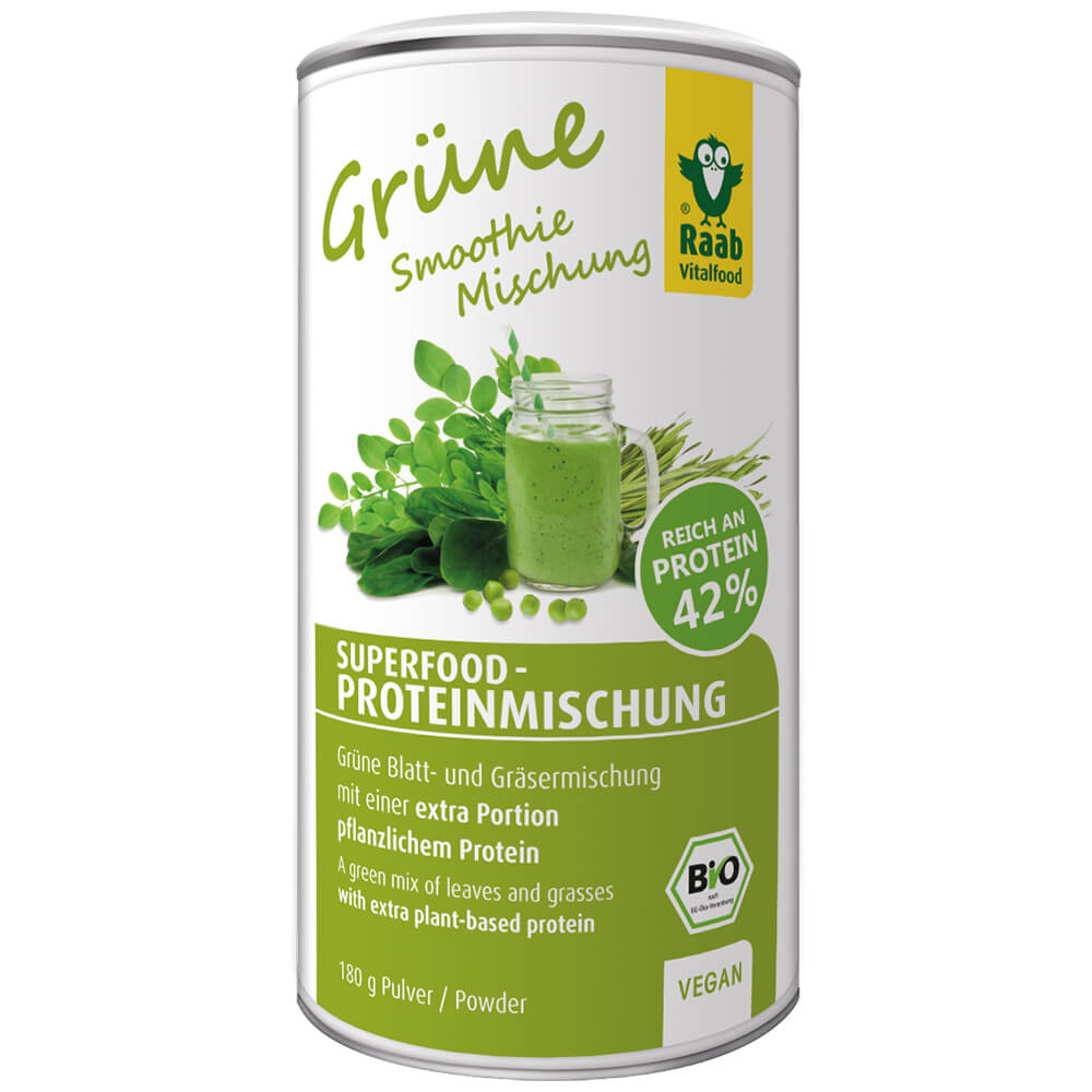 Raab "Bio Superfoodmischung GRÜN Pulver" - Порошковая смесь зеленых листьев и трав с повышенным содержанием растительного белка, 180 г.