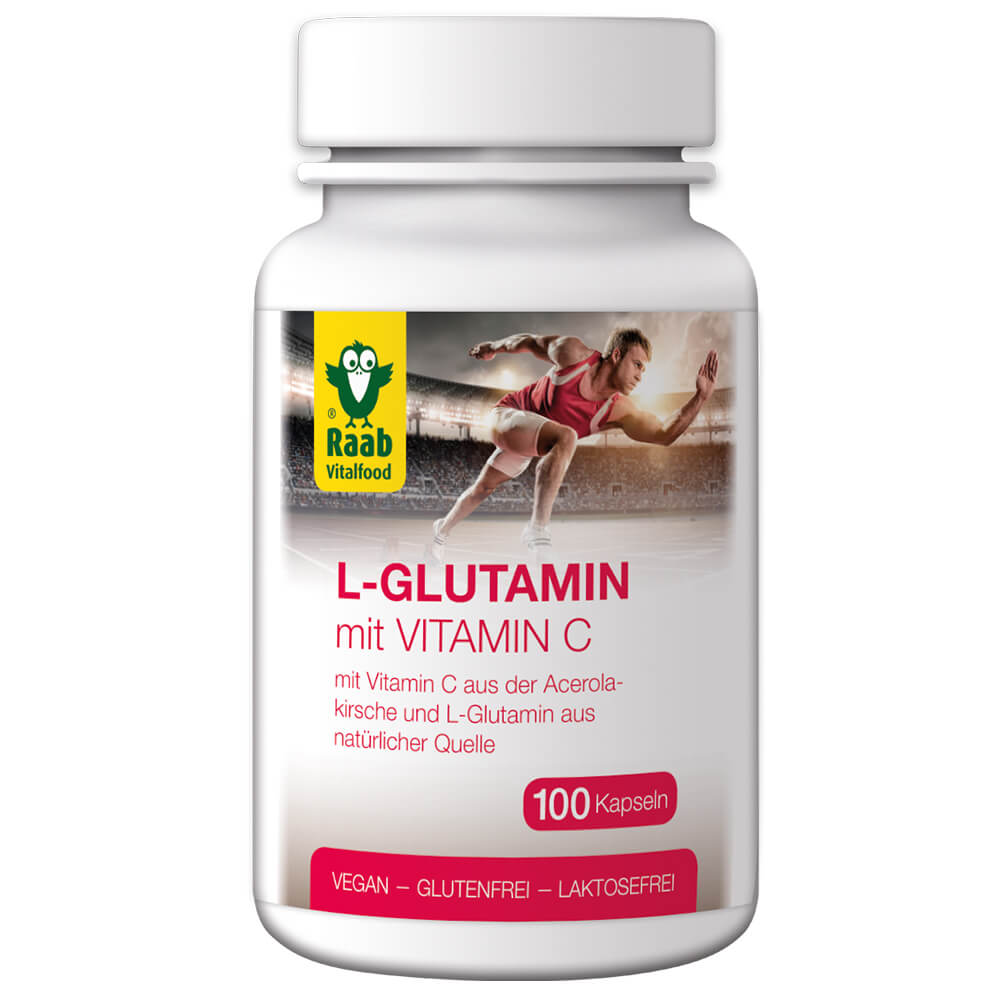 Raab "L-Glutamin" - Биологически-активная добавка с L-глютамином и витамином C из вишни Ацеролы, 100 капсул.