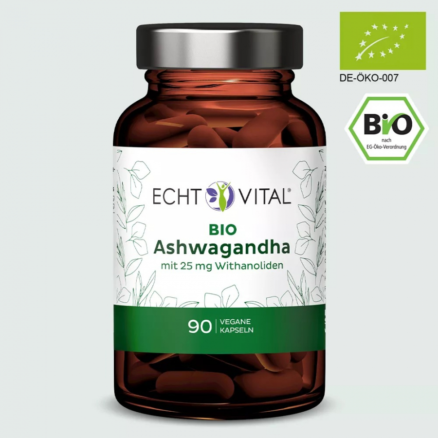 ECHT VITAL Bio Ashwagandha Органический экстракт корня ашвагандхи с энзанолидами, 90 капсул