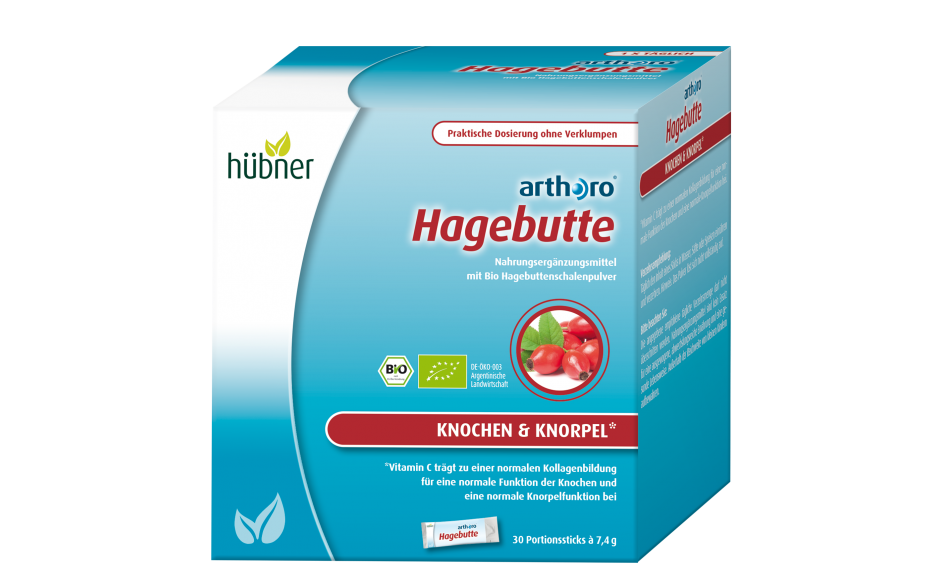 Hübner Arthoro Hagebutte - Биологически-активная добавка с витамином С для здоровья костей и суставов, 30 стик-пакетов.