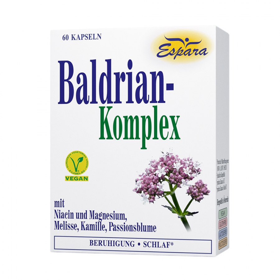 Espara Baldrian-Komplex Биологически активная добавка c магнием, витамином В3 (ниацином) и ценными растительными экстрактами для общего поддержания нервной системы и мягкого улучшения сна. 