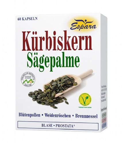 Espara Kürbiskern-Sägepalme Экстракт тыквенных семечек, плодов сереноа с порошком кипрея, листьев крапивы и витамина Е, 60 капсул