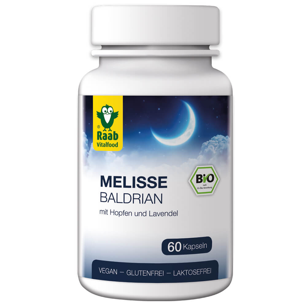 Raab "Bio Melisse - Baldrian" - Биологически-активная добавка с экстрактами мелиссы, хмеля, валерианы, лаванды и витамином С, 60 капсул.