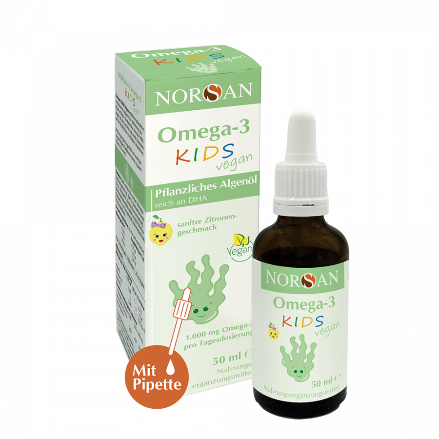 NORSAN Omega-3 KIDS Vegan Водорослевое масло с высоким содержанием ДКГ, витамином D и Е для детей с удобным дозатором, 50 мл