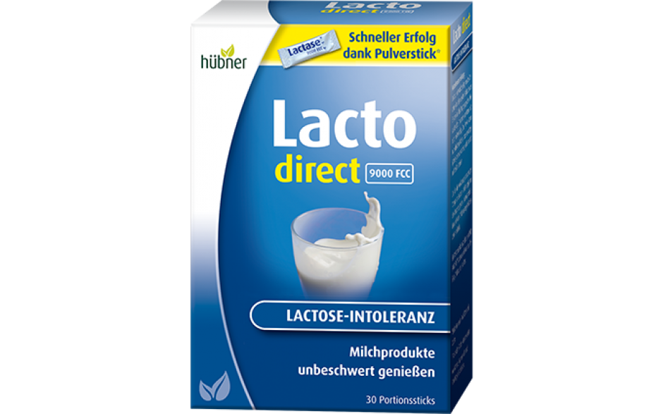 Hübner Lacto direct - биологически-активная добавка с лактазой, для людей с неперносимостью лактозы, 30 стик-пакетов.
